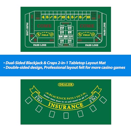 GSE Games & Sports Expert 36" x 72" Double-Sided Casino Layout Felt, Las Vegas Style Tabletop Mat for Parties, Home Entertainment, Poker Game Night - style: Blackjack&Craps