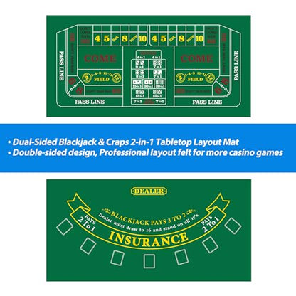 GSE Games & Sports Expert 36" x 72" Double-Sided Casino Layout Felt, Las Vegas Style Tabletop Mat for Parties, Home Entertainment, Poker Game Night - style: Blackjack&Craps