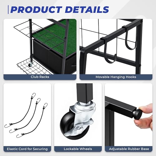 Golf Bag Organizer Storage Rack, Rolling Golf Storage Organizer for Garage, Golf Equipment Holder with Wheels, Turf Mat, Carbon Steel - size: 31.5 in (L) x 15.8 in (W) x 37.4 in (H)