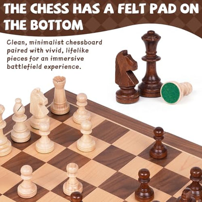 Large 17-Inch Wooden Chess Set – Folding Chess Board with Solid Wood Pieces, Oversized 3.5” King, Two Extra Queens, Premium Gift Chess Set for Adults Classic Strategy Game