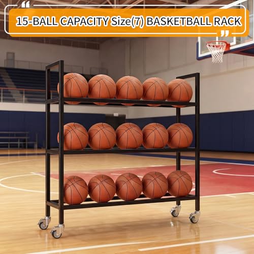 Colingmill Heavy Duty Basketball Rack with Wheels, Multi-Tier Rolling Ball Storage Cart, Sports Equipment Organizer for School, Gym, Club Shoot Training - size: 15ball