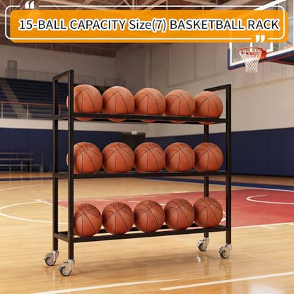 Colingmill Heavy Duty Basketball Rack with Wheels, Multi-Tier Rolling Ball Storage Cart, Sports Equipment Organizer for School, Gym, Club Shoot Training - size: 15ball