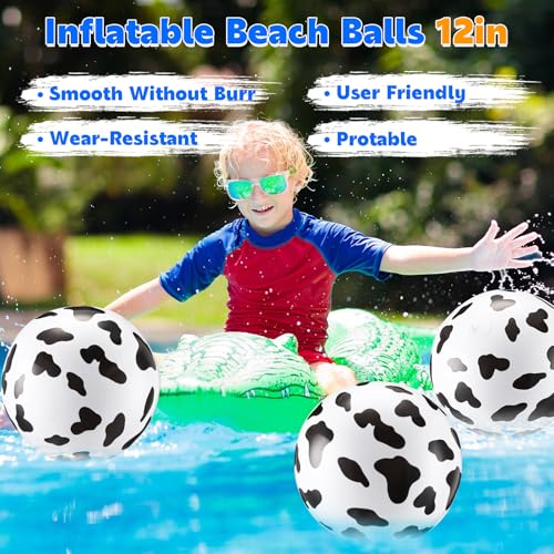 3 Pcs 12 Inch Inflatable Cow Print Beach Balls for Kids Farm Animal Birthday Party Favor Decorations Pool Toy PVC Beach Ball - style: Cow