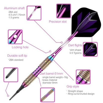 Soft tip Darts Set 18/20 Grams - Professional Darts Plastic Tip with Brass Barrel + Aluminum Shafts + 50 Rubber o-Ring + 6 Flights +50 Soft Tips for Electronic Dartboard - color: 20g-Purple