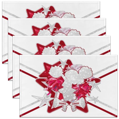 Cheerleading Girl Placemats Set of 4,Red Sliver Glitter Stars Table Mats,Cheerleader Dancing Lover Placemat for Kitchen Dining Table Modern Striped Dining Table Decor,18"x12" - color: Cheer Red