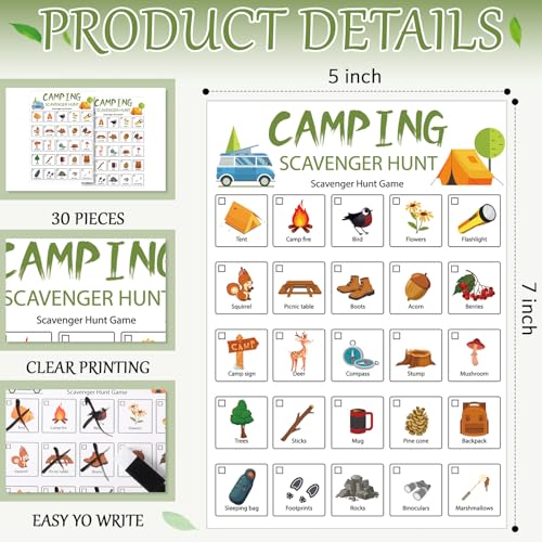 Hoolerry 30 Pcs Scavenger Hunt for Kids Road Trip Game Car Spring Summer Wedding Scavenger Hunt Cards Travel Activities Camping Games Outdoor Indoor Seek Activity for Kids Adults (Camping) - style: Camping
