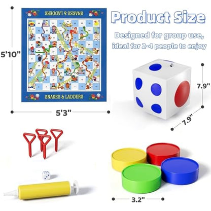 Giant Snakes and Ladders Floor Game for Kids - 5.8 ft Extra-Large Indoor Outdoor Mat with Game Pieces & Inflatable Dice, Family Night Board Game Set, Birthday Toy for 3+ Year Old Boys and Girls