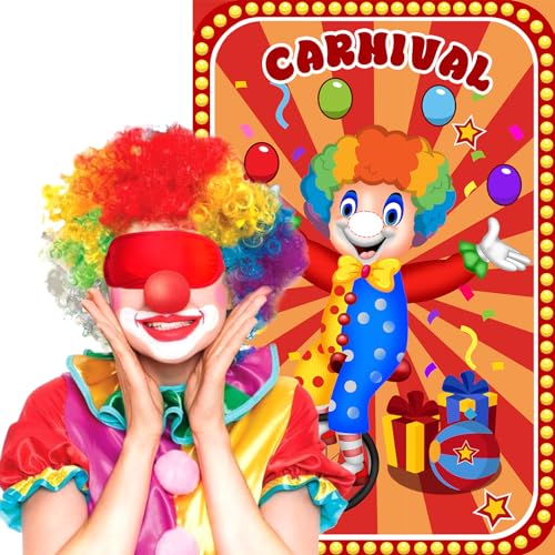 Hooqict Circus Games Pin The Nose on The Clown Carnival Party Games for Kids Clown Party Supplies Circus Themed Birthday Party Decorations, Large Clown Games Poster with 32 Nose Stickers - style: Carnival