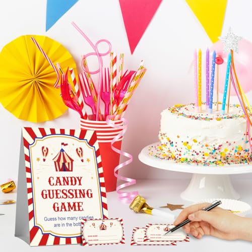 Carnival How Many Candies Games, Circus Theme How Many Game Set, Carnival Birthday Baby Shower Bridal Shower Wedding Party Game Activity Supplies, 1 Standing Sign and 50 Cards -03