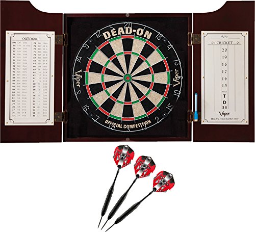Viper Hudson All-in-One Dart Center: Classic Solid Wood Cabinet & Official Sisal/Bristle Dartboard Bundle with Steel-Tip Dart Set, Dry Erase Scoreboard & Out-Chart, Mahogany Finish - style: Deluxe
