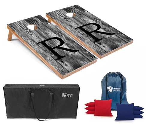 Tailgating Pros Monogrammed Grey Cornhole Boards - 4'x2' Lightweight Cornhole Game- Includes Carrying Case, Set of 8 Corn Hole Bags & Tote - color: R