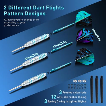 XAWU 3 Pack Steel Tip Darts Set Professional Darts 22g, 24g with 9 Dart Flights 3 Aluminum Shafts 3 Spare Shafts 1 Dart Sharpener 12 Rubber O-Rings Flight Protector and Darts Case - color: 24g Moonlight Blue