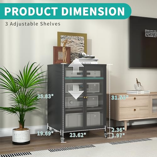 Media Cabinet with Glass Door Metal Stereo Cabinets with Adjustable Shelves 4 Tier DVD AV Storage Audio Video Rack Record Play Stand Display Cabinets for Living Room, Gaming, Recording Room – Black