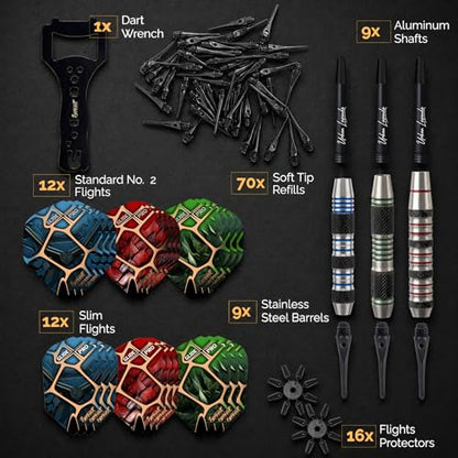 IgnatGames Soft Tip Darts Set for Electronic Dartboards, 9 Pack 18g Stainless Steel, Multi-Zone Grip, 70 Spare Tips, Magnetic Case & Companion App - color: 18g Chicago Steel