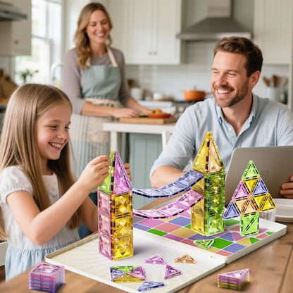Magnetic Tiles for Kids Ages 4-8, Magnetic Blocks Travel Set with Diamond Surface & Metal Storage Box, 60PCS STEM Learning Toys, Educational Building Gifts for 3-8 Year Olds - style: Medium Magnetic Tiles - 60PCS