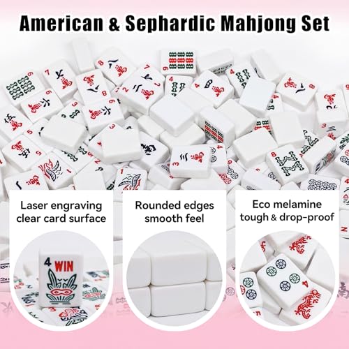 American Mahjong Tile Set, 166 White Mahjong Tiles 1.2 inch with Carrying Bag and 3 Dices, Portable Cute Mahjong Game for Travel, Family Game Night - color: White