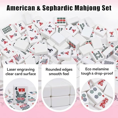American Mahjong Tile Set, 166 White Mahjong Tiles 1.2 inch with Carrying Bag and 3 Dices, Portable Cute Mahjong Game for Travel, Family Game Night - color: White