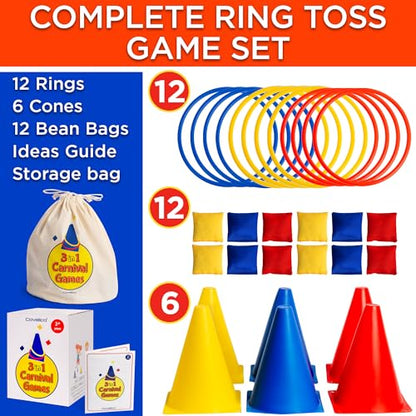 Ring Toss Game, Obstacle Course for Kids 3-5 & Birthday Party Games, Carnival Bean Bags for Tossing Gross Motor Toys for Toddlers 3-5, 12 Rings & 12 Bean Bags, 6 Cones for Kids, PE Equipment