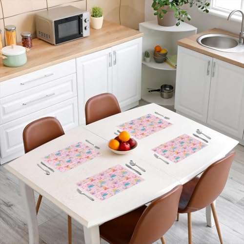 Erosebridal Cartoon Placemats 12X18 Inch Set of 4,Romantic Fantasy Wand Castle Place Mats,Rainbow Clouds Flower Floral Love Heart Waterproof Placemats - color: Pink White Teal Blue