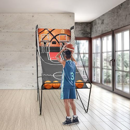 Dual-Shot Basketball Arcade Game - 8 Game Modes, 2-Player Support, LED Scoreboard, Includes 5 Basketballs & Inflator, Collapsible Design for Home/Backyard/Playroom