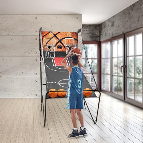 Foldable Basketball Arcade Game Double Shot Basketball Game with LED Scorer and Timer, Electronic Basketball Games for Indoor Outdoor Playgrounds Game Halls with 5 Balls,8 Game Modes