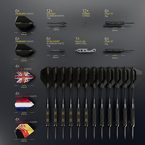 CC-Exquisite Darts Set | Professional 12 X 20/22g Metal Tip Darts | Steel Tip Darts with 24 Flights & 18 Aluminum shafts + Dart Tool, Rubber O-Rings - color: Gold & Black