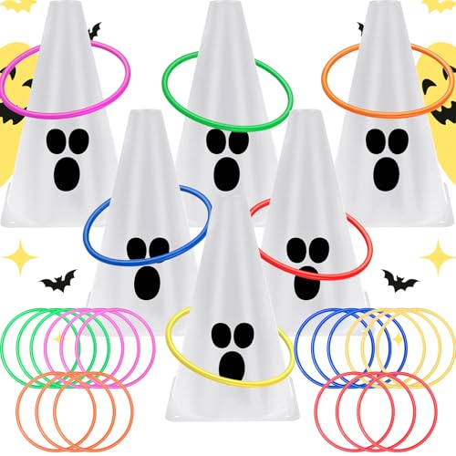 24 PcsHalloween Ring Toss Game Outdoor Carnival Party Games Include 6 Plastic Cones 18 Toss Rings for Halloween Party Games Indoor Outdoor Yard Activities - color: White