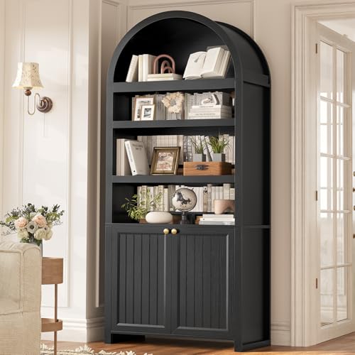 81" Tall Arched Cabinets,Bookcase with storage,Mid-Century Modern 6-Tier Bookshelf with Door,2 Book Risers and Adjustable Shelves offering more storage space for Living Room,Kitchen,Home Office,Black - color: Black, size: Large