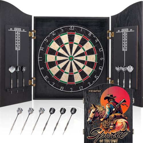 Sisal Dart Board Cabinet Sets, Decorative Dart Boards for Adults [6*Steel Darts] - Wooden Dartboard Cabinet with Integrated Scoreboard for Family Game Rooms - [Sun Cowboy]