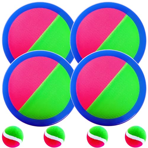 AppleRound Toss and Catch Ball Set (Hook and Loop), Kids Outdoor Games, Beach Toys, Backyard Sports, Paddle Ball Games (Pack of 4 Paddles and 4 Balls) - color: Red Green Dual-color, size: 4 Paddles & 4 Balls