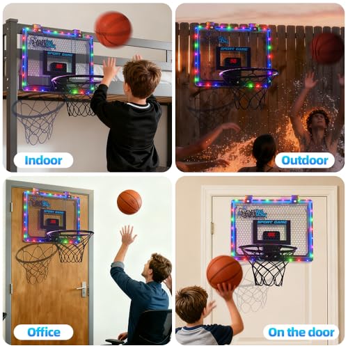 mini Basketball Hoop Basketball Board Transparent boardWith LED Light, Scoring Function, net and 7in Basketball. It can be Hanged on Door.Suitable for Playing in Indoors. Christmas & Birthday Gift