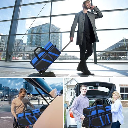 3 Ball Bowling Roller Bag with Smooth Wheels & Shoe Compartment, Heavy Duty 3 Ball Bowling Bag with Retractable Handle, Large Capacity Bowling Bag with Multi-pockets for Tournament, Travel, League - color: Blue