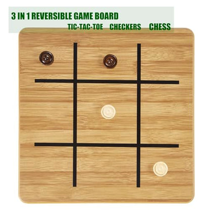VAMSLOVE Wooden Chess Checkers Tic-Tac-Toe Game Set 11.5" x 11.5" Double-Sided 3 in 1 Board with 34 Chess Pieces - 2 Extra Queens - 24 Interlocking Checkers - Storage Bag - Instructions