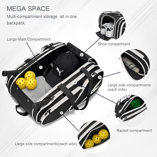 TILDOSAC Pickleball Bag - Large Paddle Bag for 4 Paddles & Accessories - Fence Hook, Extra Pockets, Shoe Compartment - color: Blcak-White