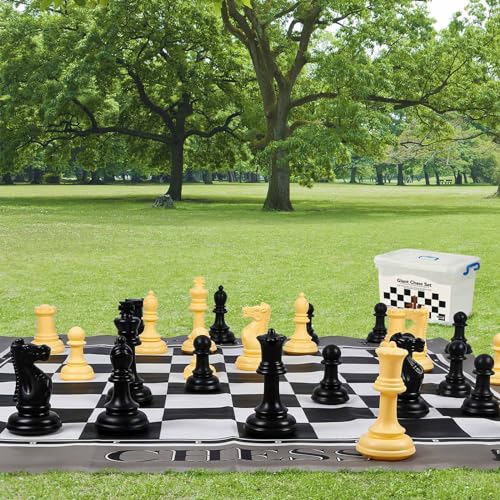 ELONGDI Giant Outdoor Chess Set Oversized Plastic Chess Pieces with Bases Lightweight 71" Chess Mat Floor Games for Kids and Adults - 9.8 Inches Tall King & Storage Bins with Lids