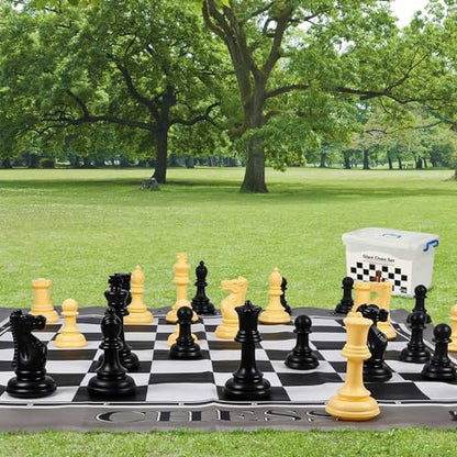 ELONGDI Giant Outdoor Chess Set Oversized Plastic Chess Pieces with Bases Lightweight 71" Chess Mat Floor Games for Kids and Adults - 9.8 Inches Tall King & Storage Bins with Lids