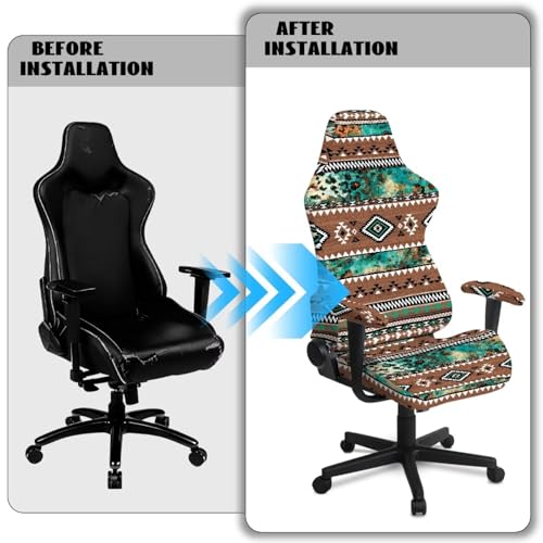 Aztec Leopard Print Computer & Gaming Chair Slipcover Breathable Stretchable Game Chair Cover with Armrest Covers Easy to Install - color: Brown and Green - Aztec Leopard