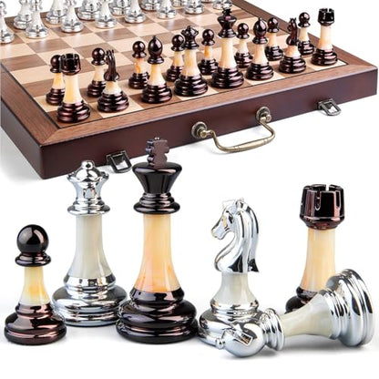 Deluxe Chess Set 16.5'' Wooden Large Folding Chess Board Game with Handle, Weighted Acrylic Chess Pieces - 3.5" King with Storage Slots for Beginners, Professional Players