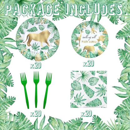 Gold Safari Jungle Party Supplies – Disposable Plates, Napkins, Green Forks – Tropical Leaves Tableware for Wild One Birthday, Baby Shower, Gold Animal Theme Decorations - style: Gold Safari