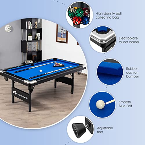 Goplus 6 FT Folding Pool Table, 76 Inch Portable Billiard Tables for Adults W/Foldable & Locking Legs, Adjustable Feet, Full Accessory Kit of 2 Cues, 16 Billiard Balls, Triangle, Brush, Chalk