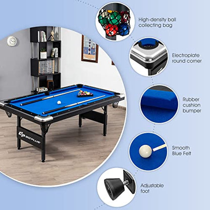 Goplus 6 FT Folding Pool Table, 76 Inch Portable Billiard Tables for Adults W/Foldable & Locking Legs, Adjustable Feet, Full Accessory Kit of 2 Cues, 16 Billiard Balls, Triangle, Brush, Chalk