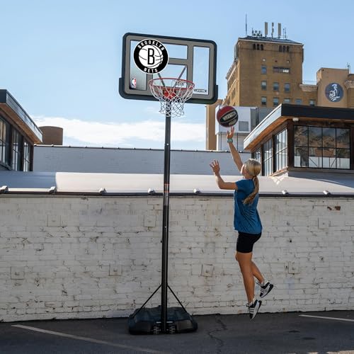 Lifetime NBA Brooklyn Nets Portable Basketball Hoop, Adjustable Height 7.5-10 Ft, 44 Inch Shatterproof Fusion Backboard, Base with Wheels - color: Brooklyn Nets