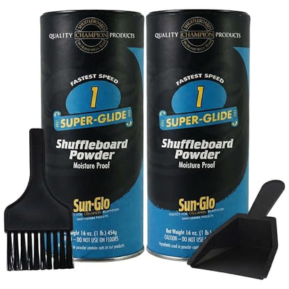 Sun-Glo Shuffleboard Sand - Shuffleboard Powder Wax with Mini Dustpan and Mini Brush Set, 2 Pack (16oz/Each) SunGlo #1 Super Glide (Fast Speed)