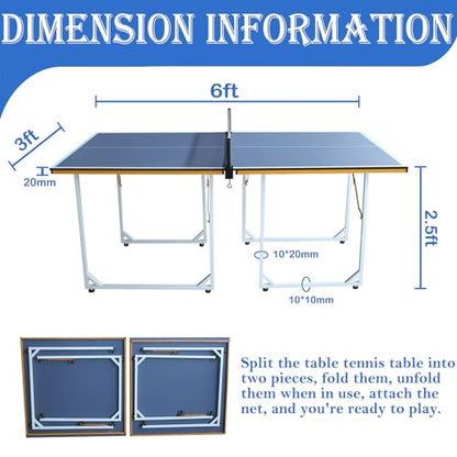 6ft Mid Size Table TTable Foldable Portable Ping Pong Table Set for Indoor Outdoor Games with Net, 2 Table TPaddles and 3 Balls