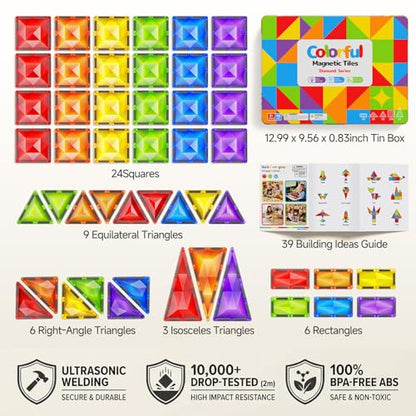 Magnetic Tiles for Kids Gift: 48 PCS Diamond Large Magnet Building Blocks in Storage Tin Box - 7.5cm Big Size 3D STEM Sensory Toy - Boys Girls Age 3-6 Birthday Party - style: Large Magnetic Tiles - 48PCS