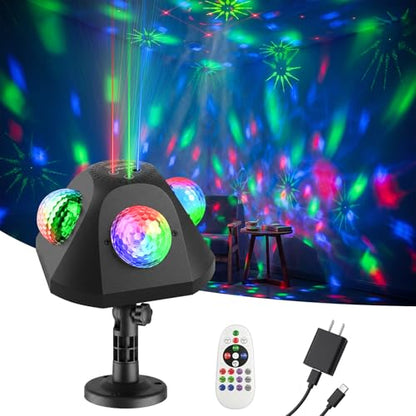 3-in-1 Pyramid Disco Party Lights with Sound Activated and Adjustment Stake | 4 Head Magic Projector Ball Lamp, 360 Angle Room Coverage, Water Wave Strobe Lighting Effect, for Home, Holiday Club, Karaoke