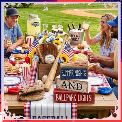 Lineshading 4 Pcs Baseball Decorations Stacked Wooden Blocks Signs with Bat Topper, Summer Nights Ballpark Lights Decor - Baseball Table Decor Ideal Gift for Fans Boys Room Party Coffee Shelf - style: Summer Nights and Ballpark Lights