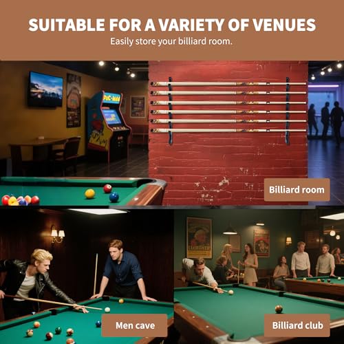 Black Wall-Mounted Pool Cue Holder, Wooden Billiards Pool Stick Rack, Holds 6 Cues and 2 Pool Ball Racks, Pool Table Accessories Organizer for Billiard Rooms or Clubs