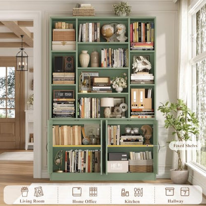 HOSTACK 72” Tall Book Shelf and Bookcase, White Bookshelf with Storage Cabinet, 45” Wide Bookcase with 4 Doors, Standing Display Shelves, Modern Farmhouse Book Case for Living Room, Green - color: Green
