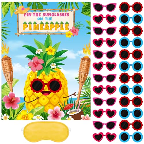 Faccito Hawaiian Party Game Luau Games Summer Tropical Pin the Sunglasses on Pineapple Pin the Coconut on Palm Tree with 24 Pcs Stickers for Tiki Summer Beach Hawaii Luau Party Supplies(Pineapple) - style: Hawaiian